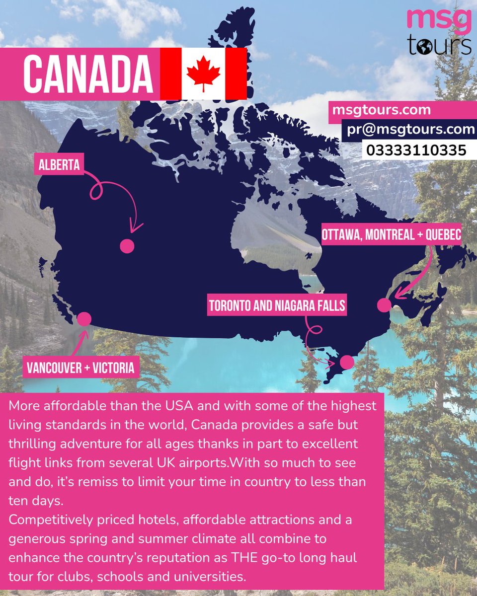 MSG Tours (@msgtours) on Twitter photo Canada: The ultimate long-haul tour! 🇨🇦
Safe, exciting, and packed with adventure — with great flight links, stunning sights, and top value, it's perfect for clubs, schools, and university's.
Ready to experience the magic of Canada?
Msgtours.com
Pr@msgtours.com Canada: The ultimate long-haul tour! 🇨🇦
Safe, exciting, and packed with adventure — with great flight links, stunning sights, and top value, it's perfect for clubs, schools, and university's.
Ready to experience the magic of Canada?
Msgtours.com
Pr@msgtours.com