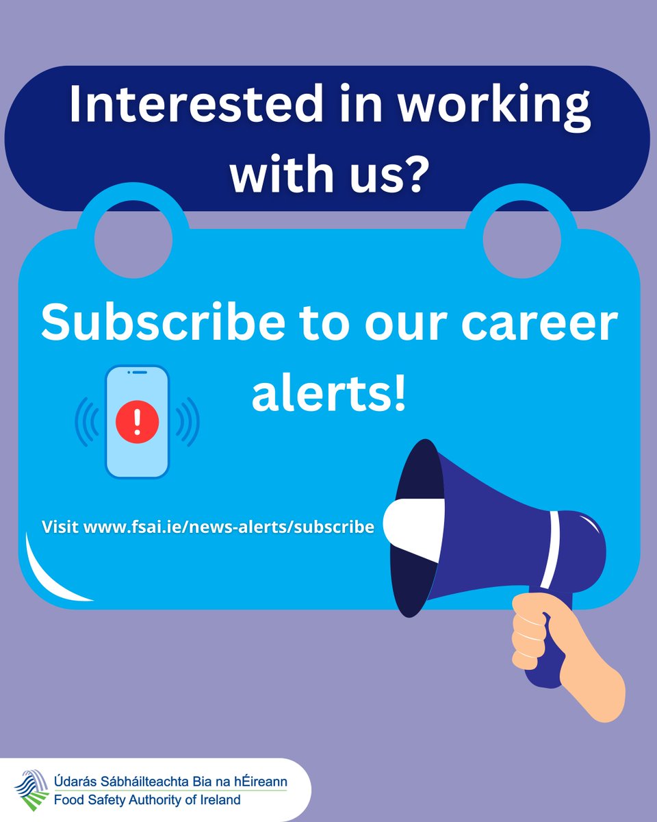FSAIinfo's tweet image. 🚀 Interested in working for the FSAI? 🛡️🍽️

Stay ahead of new job opportunities by subscribing to our career alerts and be the first to know when positions open up! 🔔

🔗 Sign up today: ow.ly/3QB650WnwQy

#JobFairy #síognabpost