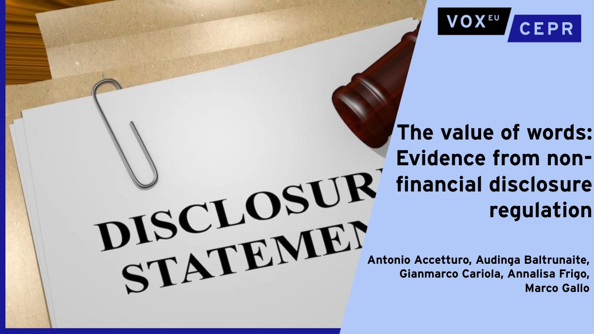 VoxEU (@voxeu) on Twitter photo The value of words: Evidence from non-financial disclosure regulation
Antonio Accetturo, <a href="/Audingus1/">Audinga Baltrunaite</a>, <a href="/gmcariola/">Gianmarco Cariola</a>, Annalisa Frigo, Marco Gallo <a href="/bancaditalia/">Banca d'Italia</a> <a href="/UfficioStampaBI/">Ufficio Stampa della Banca d'Italia</a>
ow.ly/GlnY50Wt4Qk The value of words: Evidence from non-financial disclosure regulation
Antonio Accetturo, <a href="/Audingus1/">Audinga Baltrunaite</a>, <a href="/gmcariola/">Gianmarco Cariola</a>, Annalisa Frigo, Marco Gallo <a href="/bancaditalia/">Banca d'Italia</a> <a href="/UfficioStampaBI/">Ufficio Stampa della Banca d'Italia</a>
ow.ly/GlnY50Wt4Qk