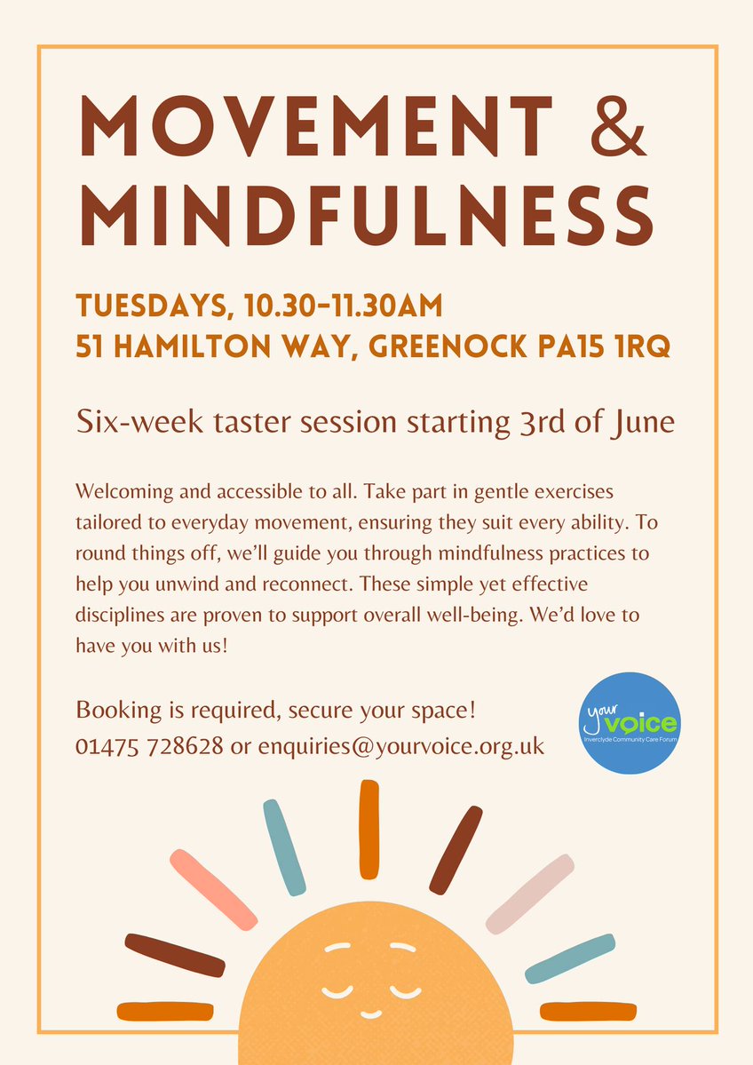 YourVoiceInver's tweet image. FREE Movement & Mindfulness sessions! 😇🧘♀️
Tuesdays, 10.30-11.30am
51 Hamilton Way, Greenock PA15 1RQ
Six-week taster session!
Secure your space today!
01475 728628 or enquiries@yourvoice.org.uk
#mindfulness #movement #yourvoice #Inverclyde #FREE