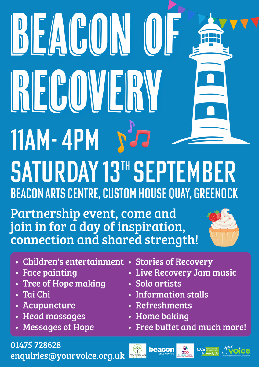 YourVoiceInver's tweet image. Beacon of Recovery event this September!!! 🤩🥳
11am - 4pm
Saturday 13th September
Beacon Arts Centre, Custom House Quay, Greenock
Come and join in for a day of inspiration, connection and strength! 😁💪
#yourvoice #recovery #recoveryispossible #inverclyde #free #event
