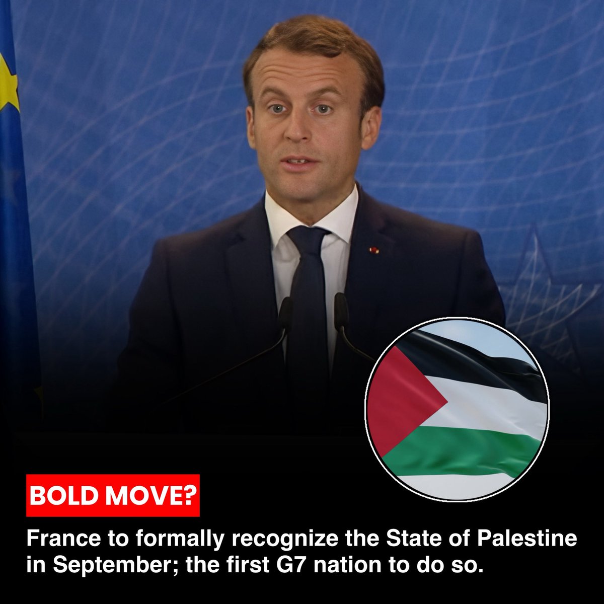 NoNext_Question's tweet image. French President Emmanuel Macron has announced that France will officially recognize the State of Palestine at the UN General Assembly in September. This makes France the first G7 country to do so.
However, Israel and the USA have strongly criticized the move.
Thoughts?