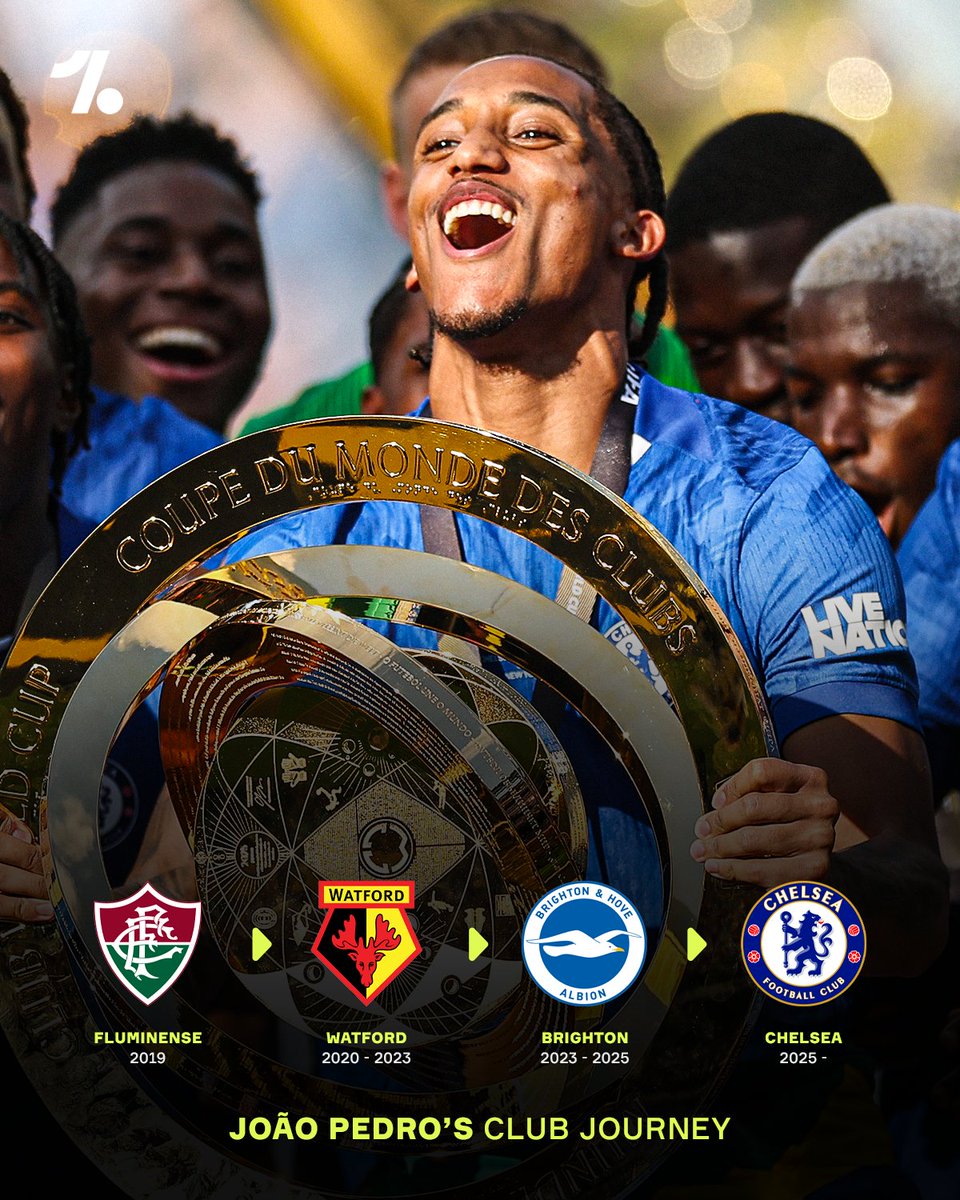 OneFootball's tweet image. João Pedro's rapid rise to the top of the game has been nothing short of remarkable ✨🇧🇷
From the Championship to the World Champions in just four years...he's still only 23 🌟