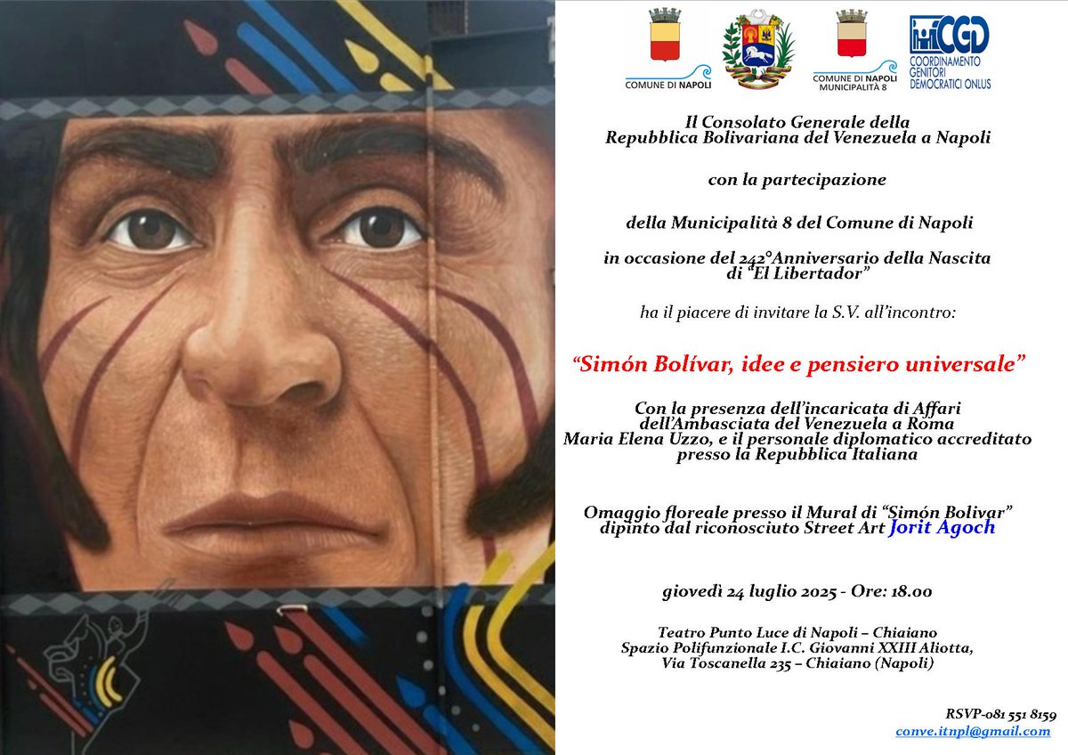 El Cónsulado General de Venezuela en Nápoles conmemora el 242° aniversario del nacimiento de nuestro Libertador, con un encuentro que da continuidad al Proyecto “Bolivar, ideas y pensamiento universal”, que nace con el majestuoso Mural de Simón Bolívar en laComunidad de Chiaiano.