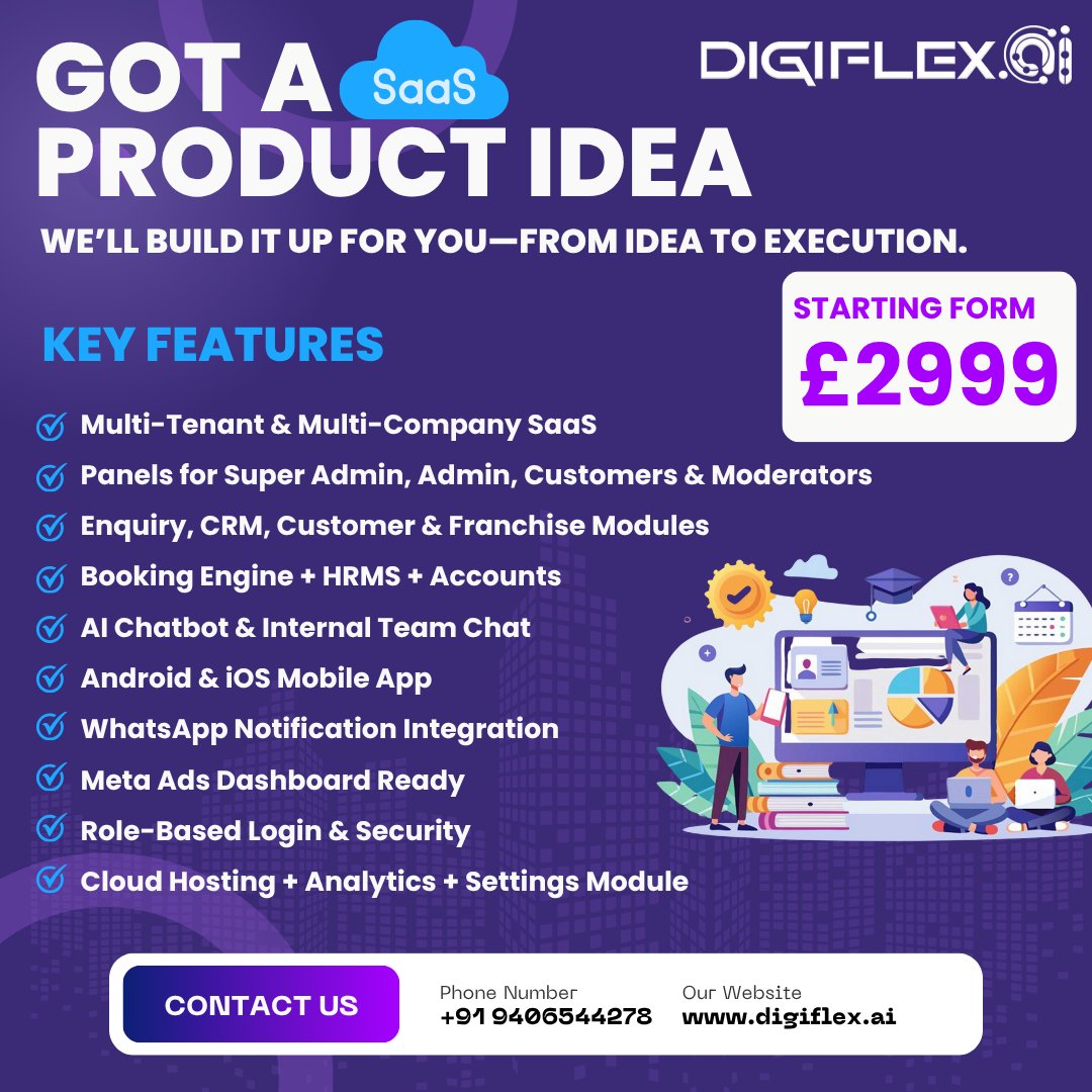 QuestDigiflex's tweet photo. Got a SaaS product idea?
We’ll turn it into a powerful subscription-based platform with AI, automation, and end-to-end features.
Starting from just £2999.
Let’s build it for you → https://t.co/FufhnWvODP https://t.co/5iKCDnU8Yj