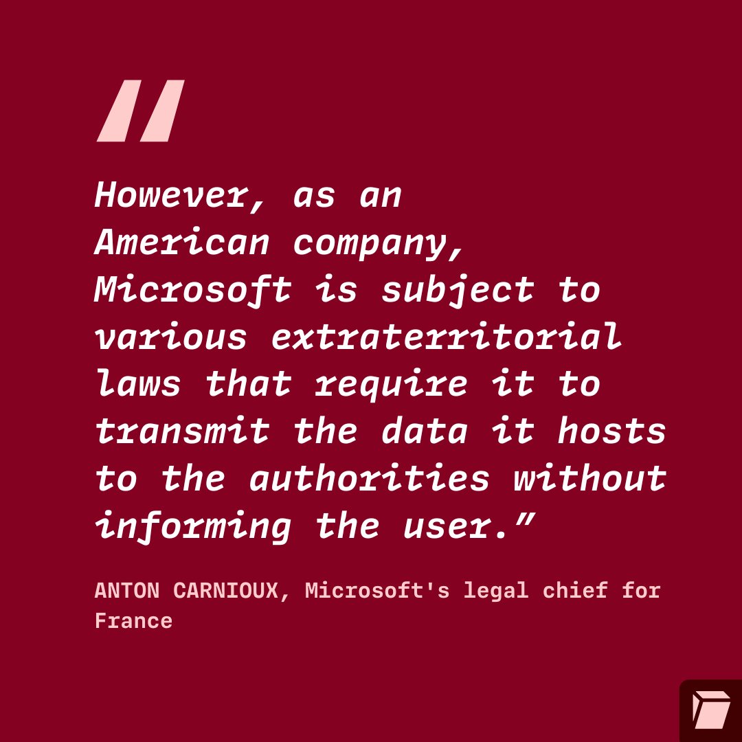 TutaPrivacy's tweet image. Microsoft: "Your data is safe in Europe."
Under oath, Microsoft's legal chief for France: "No, I cannot guarantee that."
The truth is Microsoft’s marketing is lying: The “sovereign cloud” is nothing but “sovereign washing”.
👉 Read our comment "Digital sovereignty - a trend in…