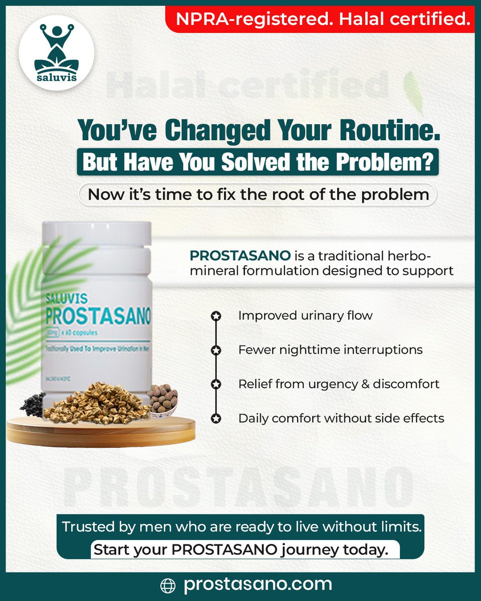 Prostasano's tweet image. You’ve adjusted your routine…
But have you addressed the real problem?

#Prostasano #MenHealthMatters #UrinarySupport #LiveWithoutLimits #NaturalRelief #MensWellness #NighttimeRelief #HerbalSupport #NoMoreUrgency #HealthyHabits #ProstasanoJourney #MensHealthSolution