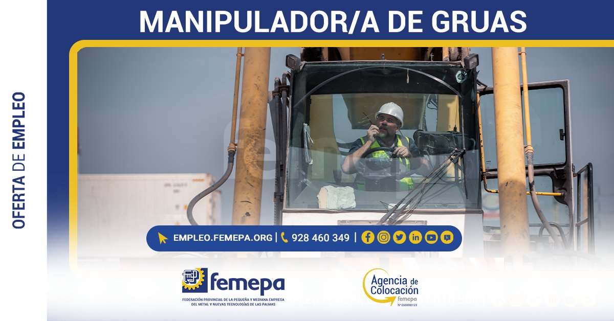#FemepaEmpleo | La Agencia de Colocación de Femepa selecciona personal para manipulador/a de gruas.

🔗 Ver oferta &gt;&gt; bit.ly/4lNvbfK

#OfertaDeEmpleo