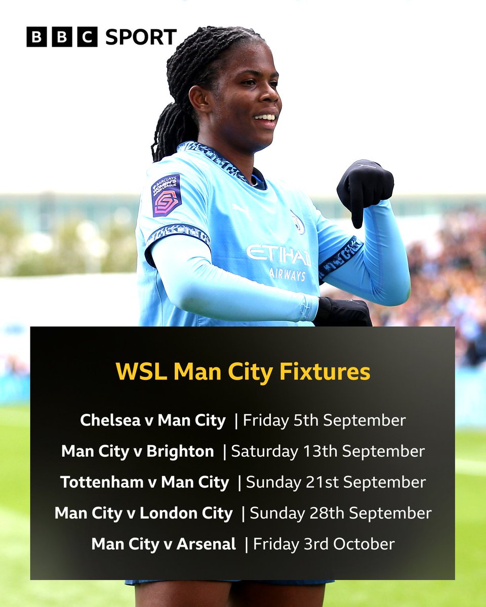 BBCRMsport's tweet image. ๐๏ธ #WSL fixture release day!
๐ Manchester City open at the champions!
๐ต Blues, happy with your first five games?
๐ฑ Fixtures: bbc.in/3TXtH6o
#ManCityWomen #MCFC #bbcfootball