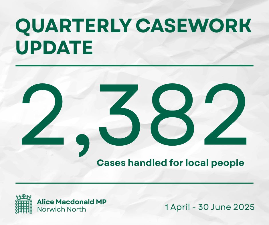 Parliament is now in recess, and I wanted to update you on the number of cases my office has supported local people with from April to June.

Thank you to everyone that has gotten in touch, and remember you can access support, advice, or share your thoughts with me through email