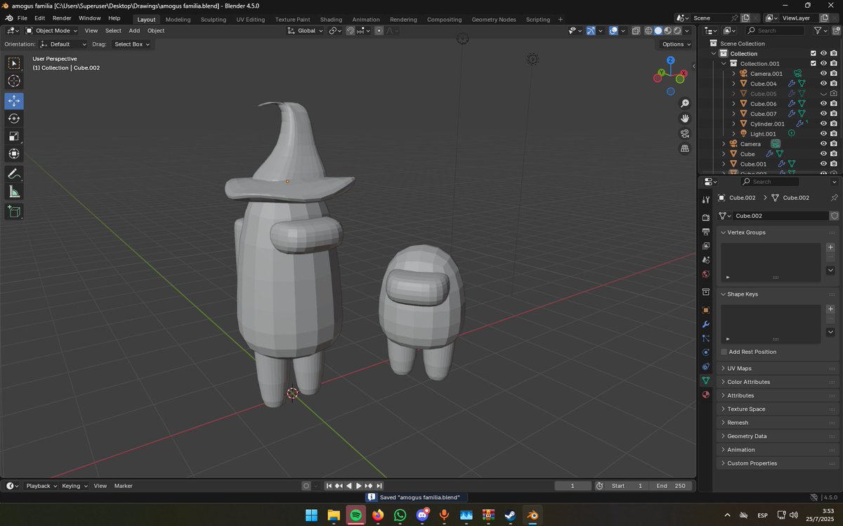 Ziegfrieth's tweet image. I spend my first 3 hours on Blender and this was the result: amogus family and a cool witch hat