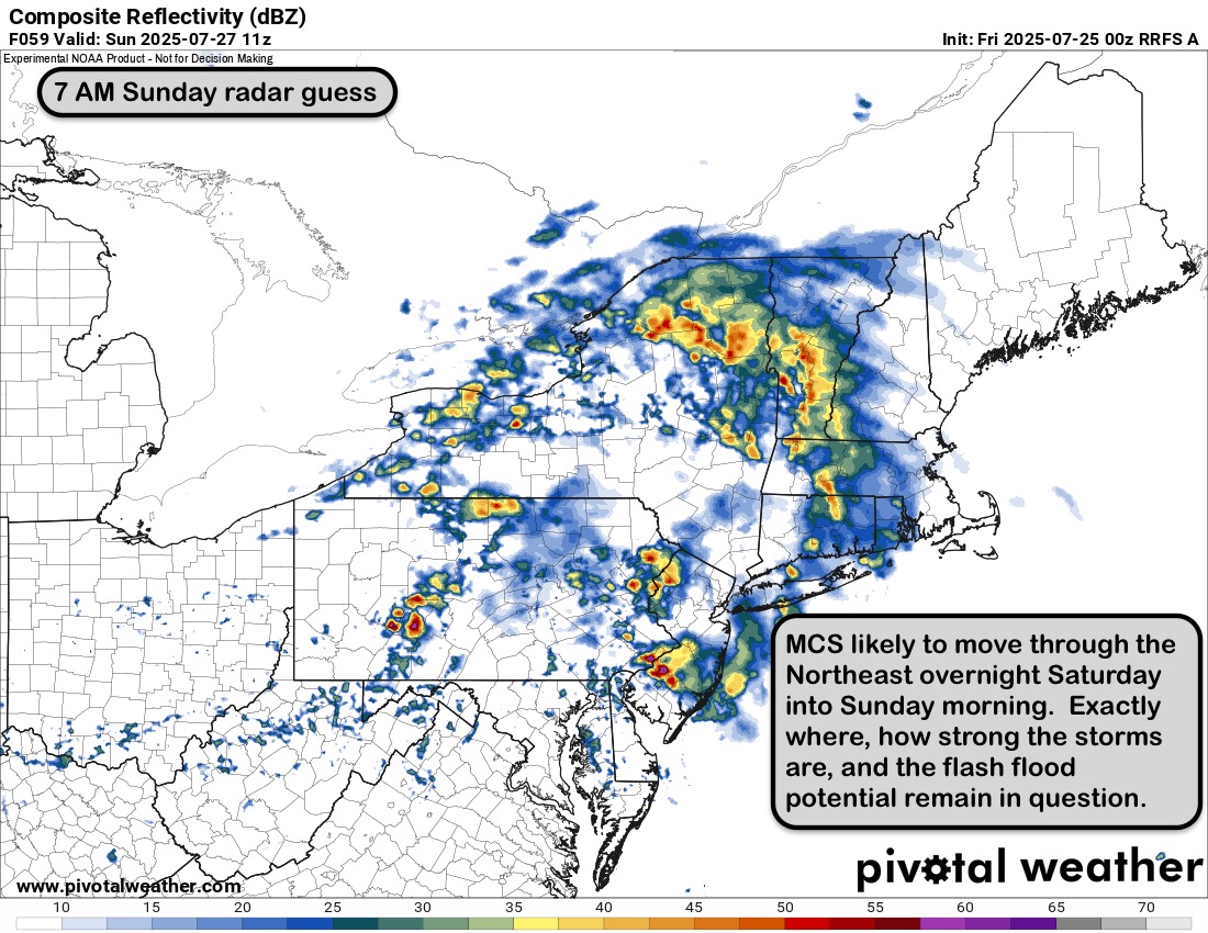 TGIF ☕️ - it's a steam bath out there this morning!  Cold front brings scattered storms; isolated severe storm with damaging winds possible ~1-6 PM.  Less humid on Saturday before tropical surge Saturday night into Sunday morning.  MCS storms possible Sat night into Sun AM.