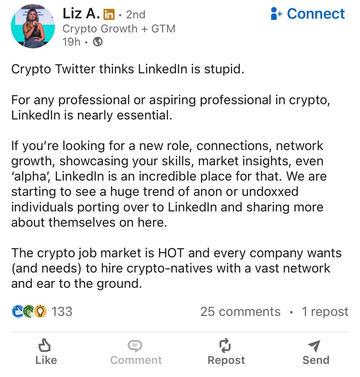mattdotfi's tweet image. ct vs linkedin:
- on likedin you’re basically jerking yourself off in front of everyone that cheers you just for the sake of getting something back
- ct is unhinged, but at the same time you can find more genuine connections and alpha
discuss