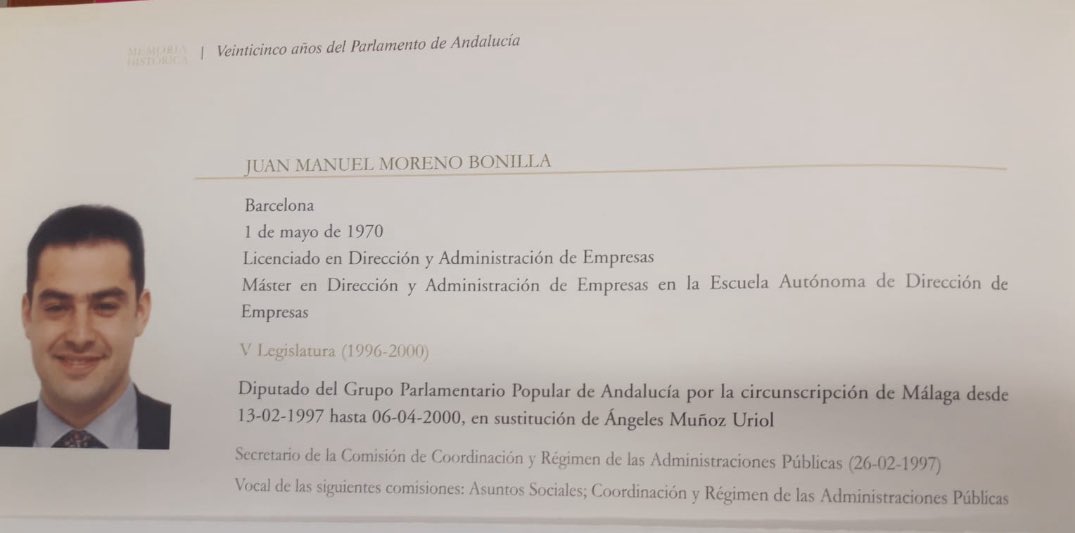 ❌❌El pecado original de <a href="/JuanMa_Moreno/">Juanma Moreno</a>

Las mentiras tienen las patas muy cortas y él entró en el <a href="/ParlamentoAnd/">Parlamento Andalucía</a> en 1996 falsificando su currículum, incluyendo una licenciatura que nunca ha tenido 

Está en el libro ‘25 años del Parlamento’. Esto no lo ha podido borrar