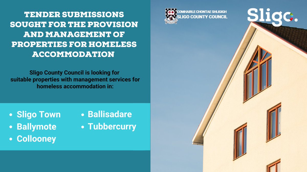 sligococo's tweet image. Sligo Co Co is looking for suitable properties with management services for homeless accommodation in Sligo Town, Ballymote, Collooney, Ballisadare & Tubbercurry, from August 2025.
Deadline for submission: 28th July 2025 at 12 noon.
Full details at: ow.ly/SAPA50WcsBY