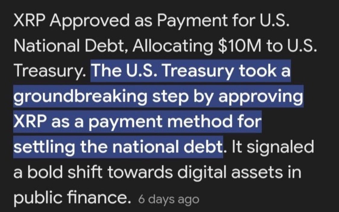 BREAKING: The U.S. Treasury just gave XRP the official seal of approval!
#XRP is now cleared for national debt settlement  ￼ this changes EVERYTHING.

The implications? MASSIVE.
Is this the moment $XRP shatters all-time highs and flips the narrative?

Stay tuned… things are