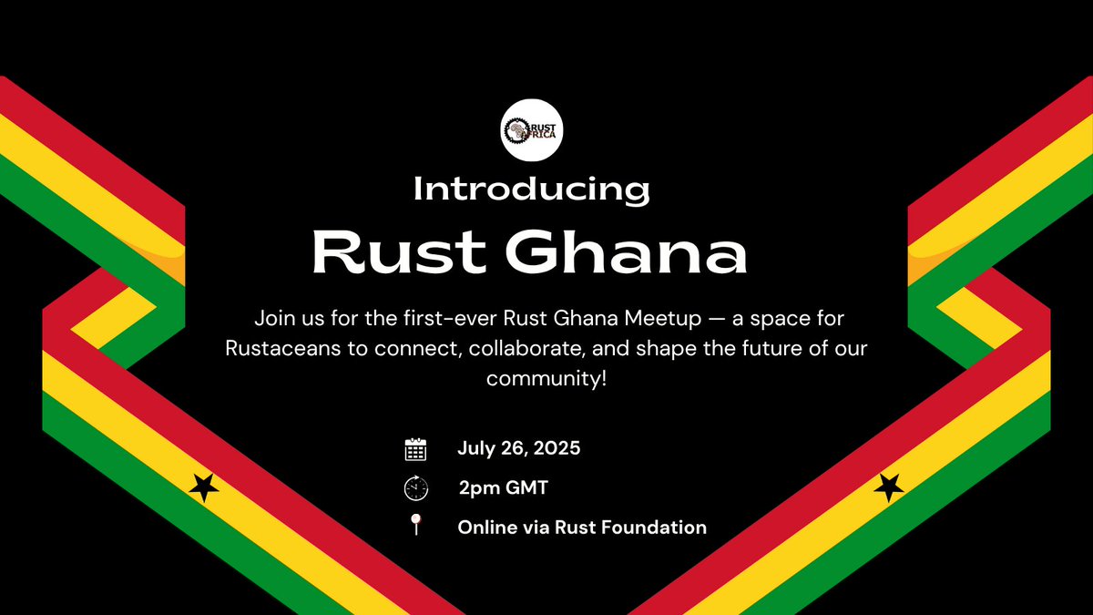 Rustaceans Africa (@rust_africa) on Twitter photo ๐๐ป๐๐ฟ๐ผ๐ฑ๐๐ฐ๐ถ๐ป๐ด ๐ฅ๐๐๐ ๐๐ต๐ฎ๐ป๐ฎ! ๐ฆ๐ฌ๐ญ
We're thrilled to launch Rust Ghana with their first-ever meetup ๐
Come connect, collaborate & shape the future of the community with us!
๐๏ธ July 26, 2025
๐ 2PM GMT
๐ Online
Want to attend?
Send us a DM for an invite ๐ฉ ๐๐ป๐๐ฟ๐ผ๐ฑ๐๐ฐ๐ถ๐ป๐ด ๐ฅ๐๐๐ ๐๐ต๐ฎ๐ป๐ฎ! ๐ฆ๐ฌ๐ญ
We're thrilled to launch Rust Ghana with their first-ever meetup ๐
Come connect, collaborate & shape the future of the community with us!
๐๏ธ July 26, 2025
๐ 2PM GMT
๐ Online
Want to attend?
Send us a DM for an invite ๐ฉ