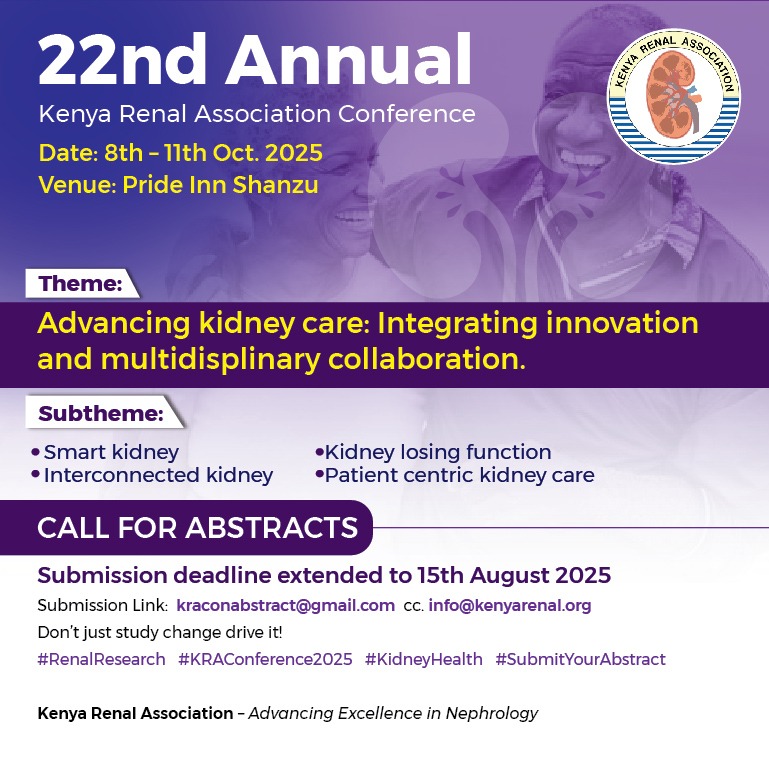 rkalyes1's tweet image. π₯ Extension of KRACON 2025 Abstract submission
@AfricanAFRAN
@Kenya_Renal
@Ug_kidneyf
@MinofHealthUG