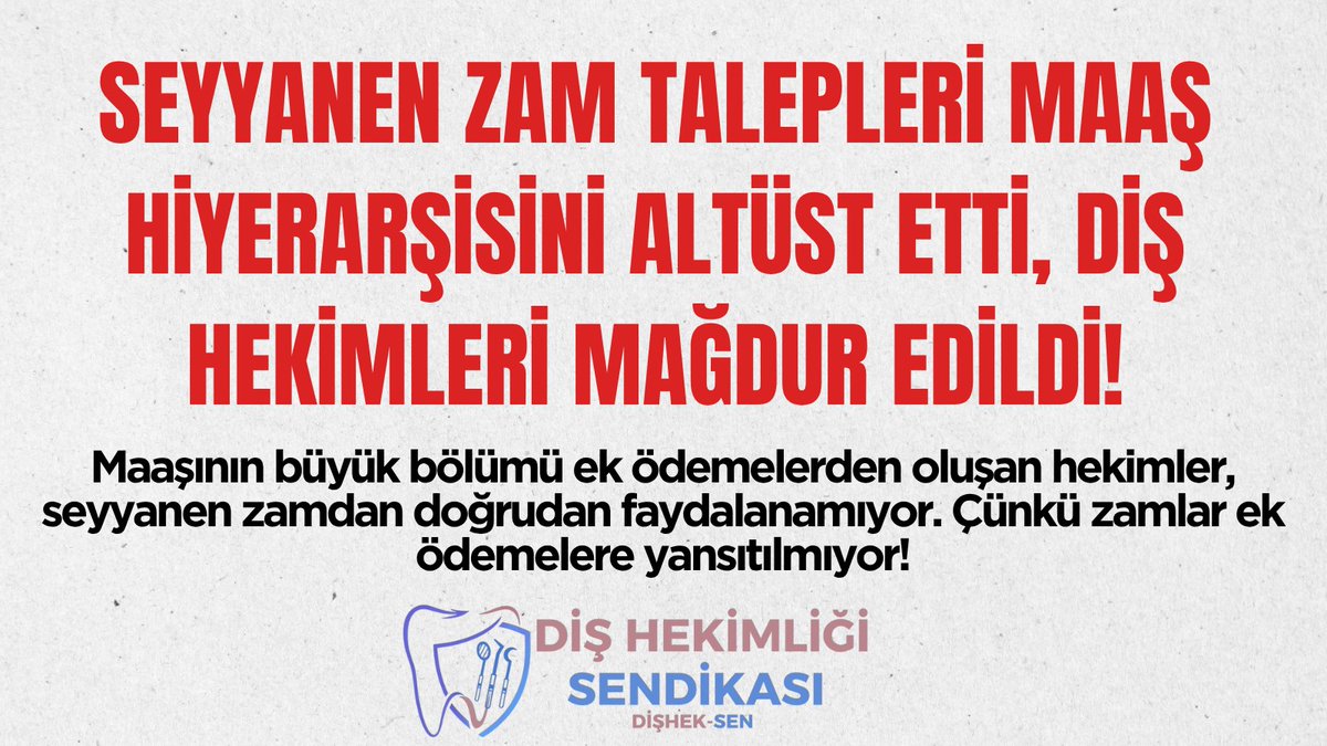 disheksen_org's tweet photo. 🔴 Seyyanen Zamlar Maaş Hiyerarşisini Altüst Etti, Diş Hekimleri Mağdur Edildi!

Şimdiye kadar verilen seyyanen zamlar, maaş sisteminde derin adaletsizlikler yarattı. En çok etkilenen kesimlerin başında ise diş hekimleri geliyor.
İşte tablo:

📉 Maaş Hiyerarşisi Yok Oldu!
En düşük maaş ile en yüksek maaş arasındaki fark giderek kapandı. Uzmanlık, kıdem ve sorumluluk gibi temel kriterler görmezden gelindi. Eşit zam adil zam değildir!

👨‍⚕ Diş Hekimliği Değersizleştiriliyor!
Yıllar süren eğitim, hayati risk ve ağır sorumluluk… Ancak diş hekimleri, sabit zamlarla aynı kefeye konuluyor. Uzmanlık ve tecrübe yok sayılıyor!

👵 Emekliler Yine Dışarıda!
Seyyanen zamlar emekli maaşlarına yansımıyor. Yıllarca hizmet eden emekliler ekonomik olarak daha da sıkışıyor.

💸Diş Hekimleri Çifte Mağdur!
Maaşının büyük bölümü ek ödemelerden oluşan hekimler, seyyanen zamdan doğrudan faydalanamıyor. Çünkü zamlar ek ödemelere yansıtılmıyor!

🔧 Çözüm Ne?
➡ Kök maaş artırılmalı
➡ Oransal ve adil zam sistemi getirilmeli
➡ Uzmanlık ve kıdeme göre maaş yapısı oluşturulmalı
➡ Emekliler hak ettikleri şekilde desteklenmeli

📢 Adalet istiyoruz! Eşit değil, hakkaniyetli bir maaş sistemi şarttır. @disheksen_org
