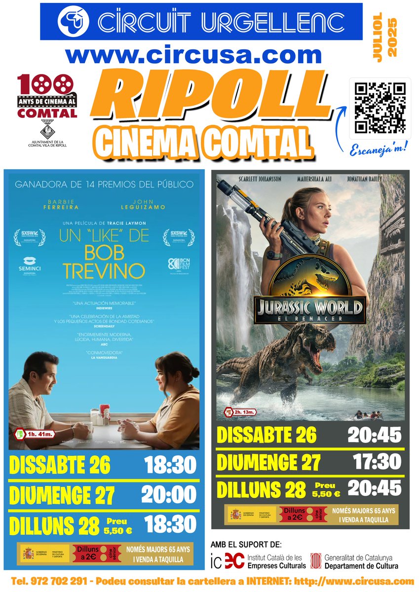 I ❤️ CINE DE POBLE!

🎞️ Aquest cap de setmana, al Cinema Comtal de #Ripoll: 'UN "LIKE" DE BOB TREVINO' i 'JURASSIC WORLD. EL RENÉIXER'. 

👇 Consulteu horaris de dissabte, diumenge i dilluns al cartell: