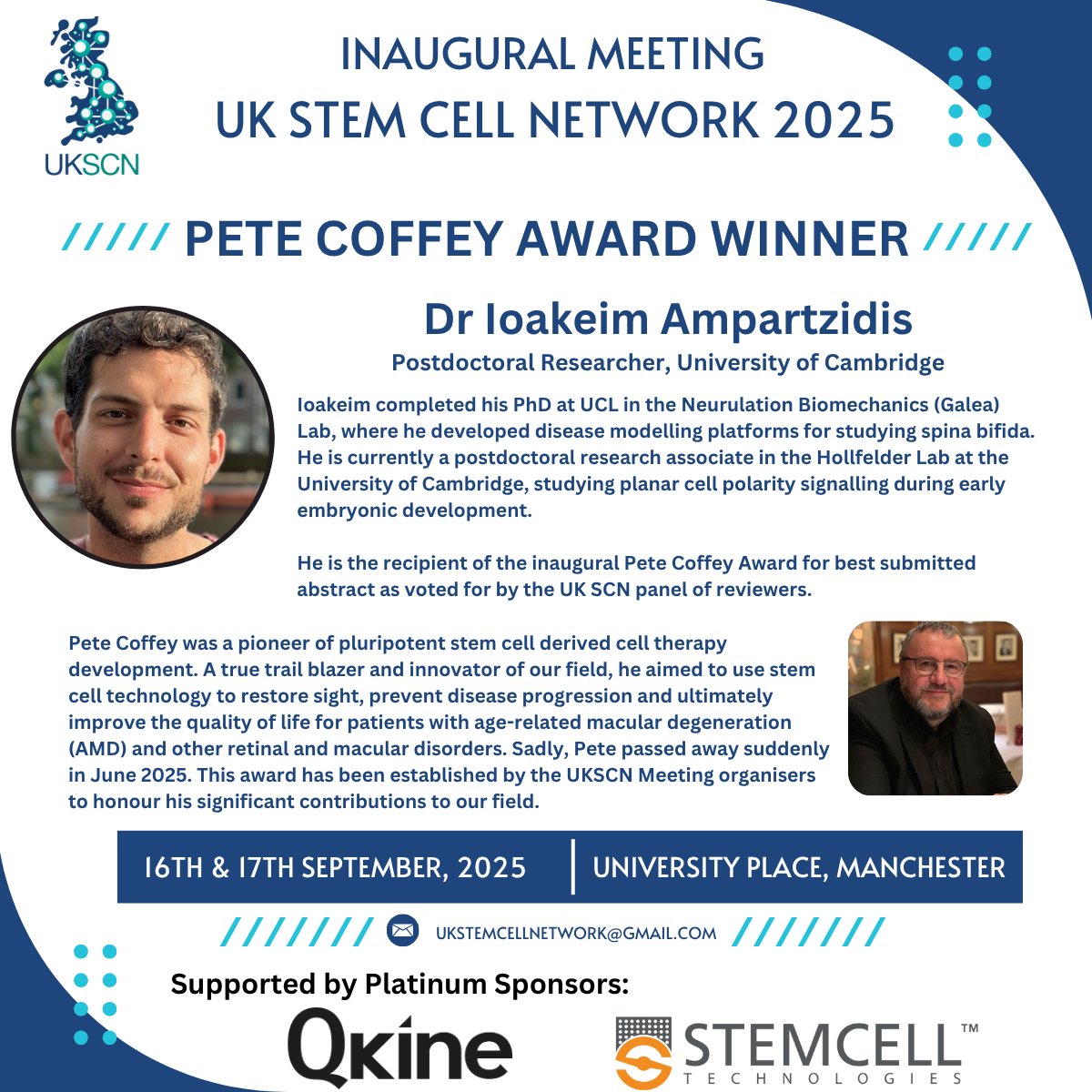 RegenCTC's tweet image. Proud to be connected with this event, to see a true pioneer of our field recognised and honour for his significant contributions. RIP Pete Coffey. Congratulations Ioakeim Ampartzidis winner of the inaugural Pete Coffey Award. Register: ukstemcellnetwork.org/2025-conferenc…