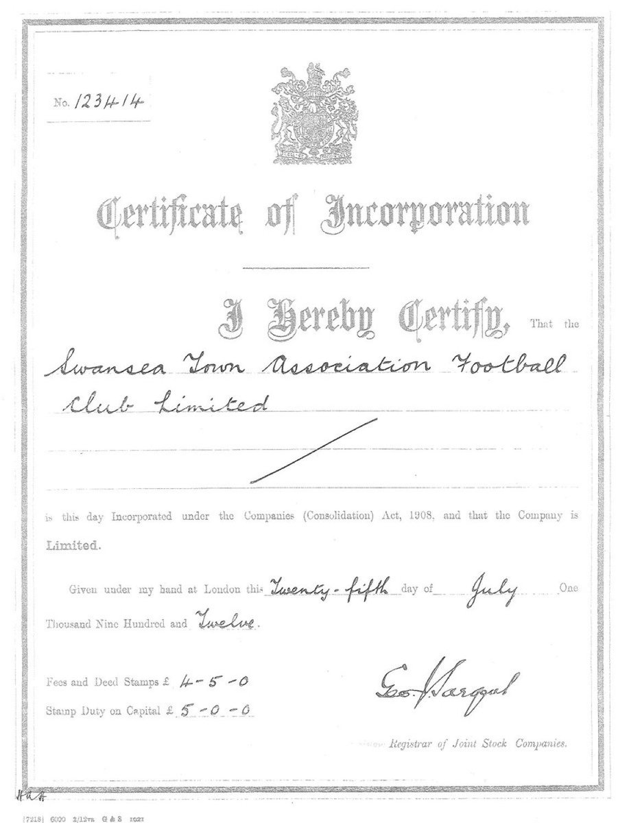 swanstrust's tweet image. #OnThisDay 1⃣1⃣3⃣ years ago📅
@SwansOfficial (then Swansea Town) were officially registered as a Limited Company.
Below is the certificate of incorporation, courtesy of @SwanseaCity100
