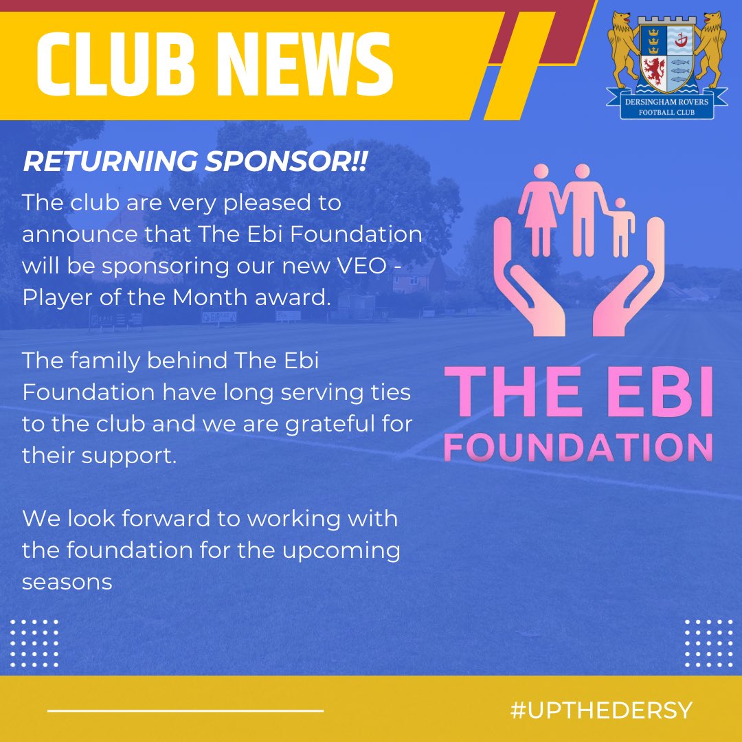 Sponsorship News 🤩

Up next we say a massive thanks to The Ebi Foundation  who have agreed to continue their Player of the Month award for the 2025/26 season! 

A local charity, which has close ties to the club.

Thank you 👏

#UPTHEDERSY 💙💛🖤