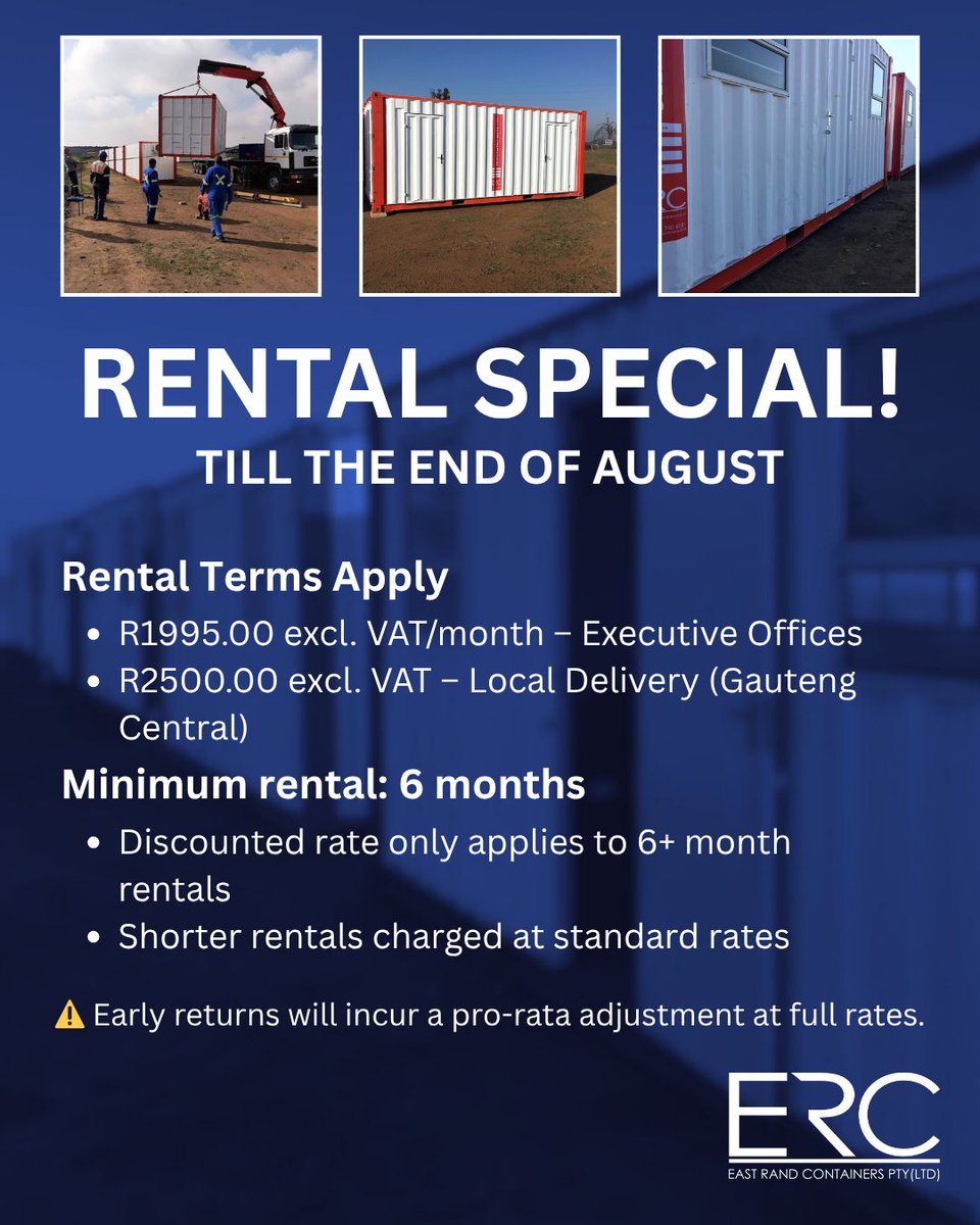erc_jhb's tweet image. 🚨 Limited-Time Deal 🚨

R1995/month excl. VAT
Executive Office Rental Special
Ends 31 Aug ⏳

✔ R2500 Delivery
✔ 6-month minimum
✔ Limited stock 
✔  T&amp;amp;Cs apply 

#RentalSpecial #MobileOffice #SiteSolutions #ContainerRentals #ERC