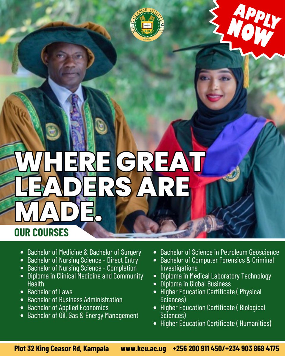 🎓 Apply Now to King Ceasor University. August Intake is ON — don’t miss your chance to join one of Uganda’s top fully chartered universities.📚 Limited slots available across Medicine, Law, Business, ICT &amp; more.
✅ Secure your spot today.
#KCUAdmissions #AugustIntake #StudyAtKCU