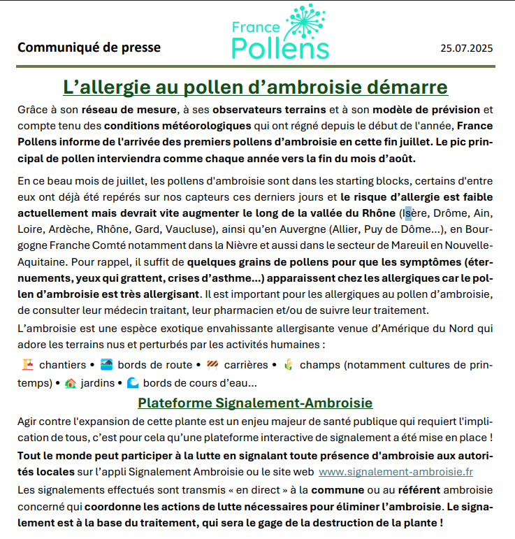 🌿 Alerte pollen : l’ambroisie fait son retour ! 🌿
Les premiers grains de pollen d’ambroisie ont été détectés sur nos capteurs 🧪 et le risque allergique s’intensifiera dans les prochaines semaines!
Retrouve notre communiqué de presse sur le sujet pour tout savoir!