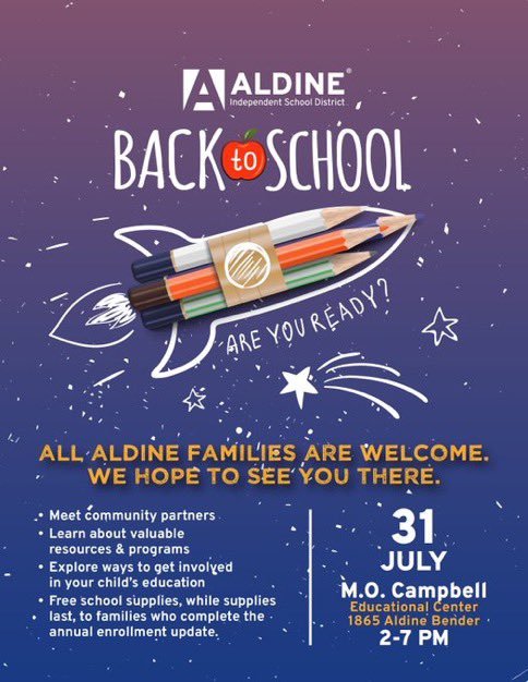 Griggs_AISD's tweet image. 📚 Aldine families! Join us Thursday, July 31st for our Back to School Expo at the MOC 2-7pm! FREE school supplies while supplies lasts! @AldineISD @drgoffney @Aldine_FACE @RayMondragon @SherreeIAm 📚