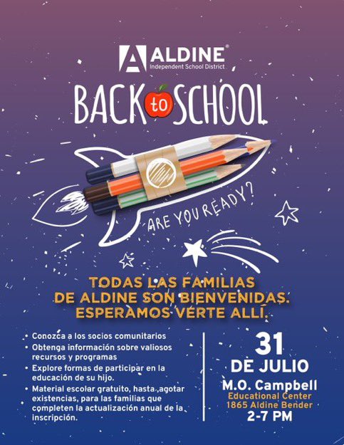 Griggs_AISD's tweet image. 📚 Aldine families! Join us Thursday, July 31st for our Back to School Expo at the MOC 2-7pm! FREE school supplies while supplies lasts! @AldineISD @drgoffney @Aldine_FACE @RayMondragon @SherreeIAm 📚