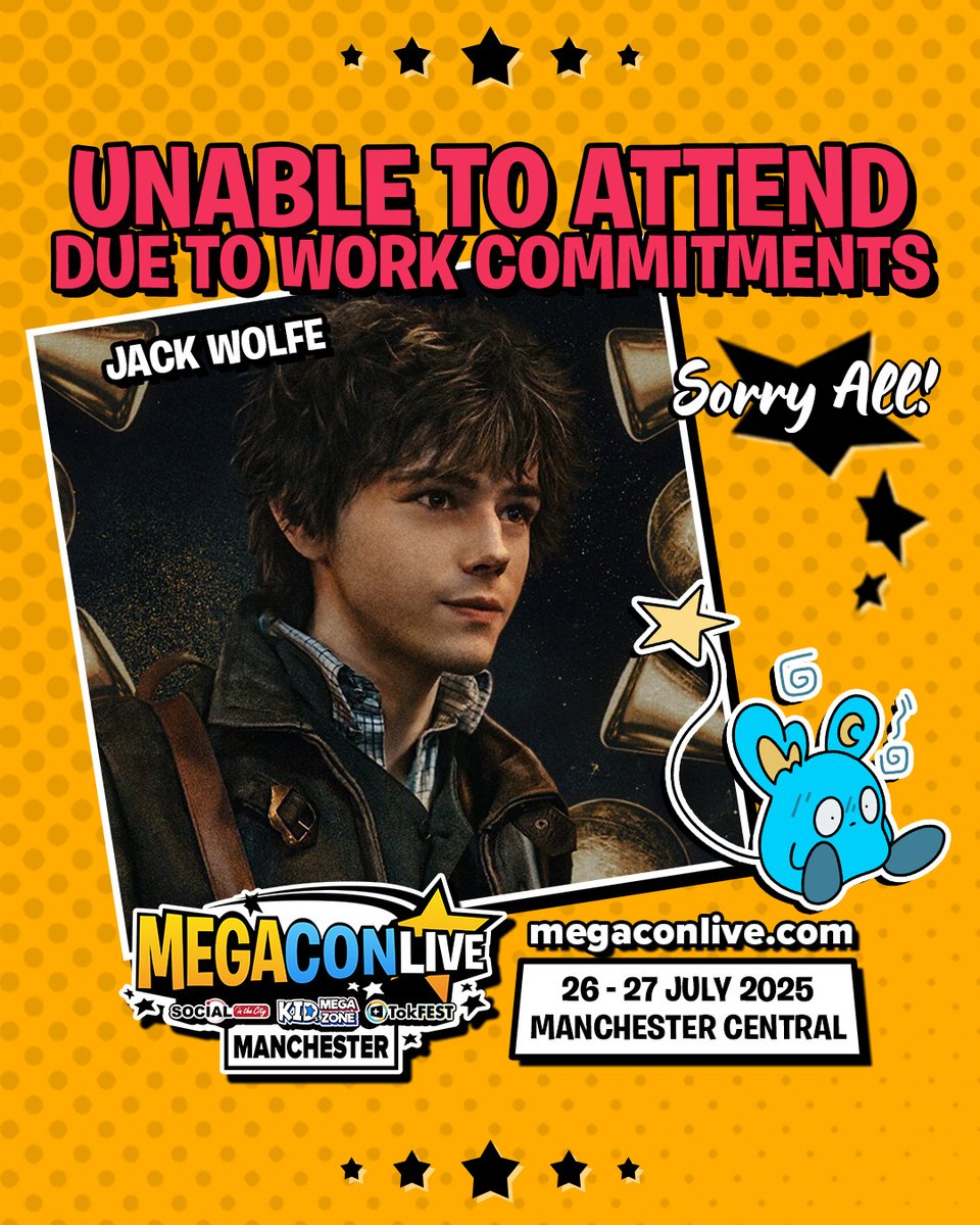 megaconlive's tweet image. Due to a change in work schedules, Jack Wolfe can no longer join us at MegaCon Live Manchester this weekend.
Jack & his producers sends their apologies, as filming has been extended through to Sunday morning. We hope to welcome him to a future event – stay tuned!