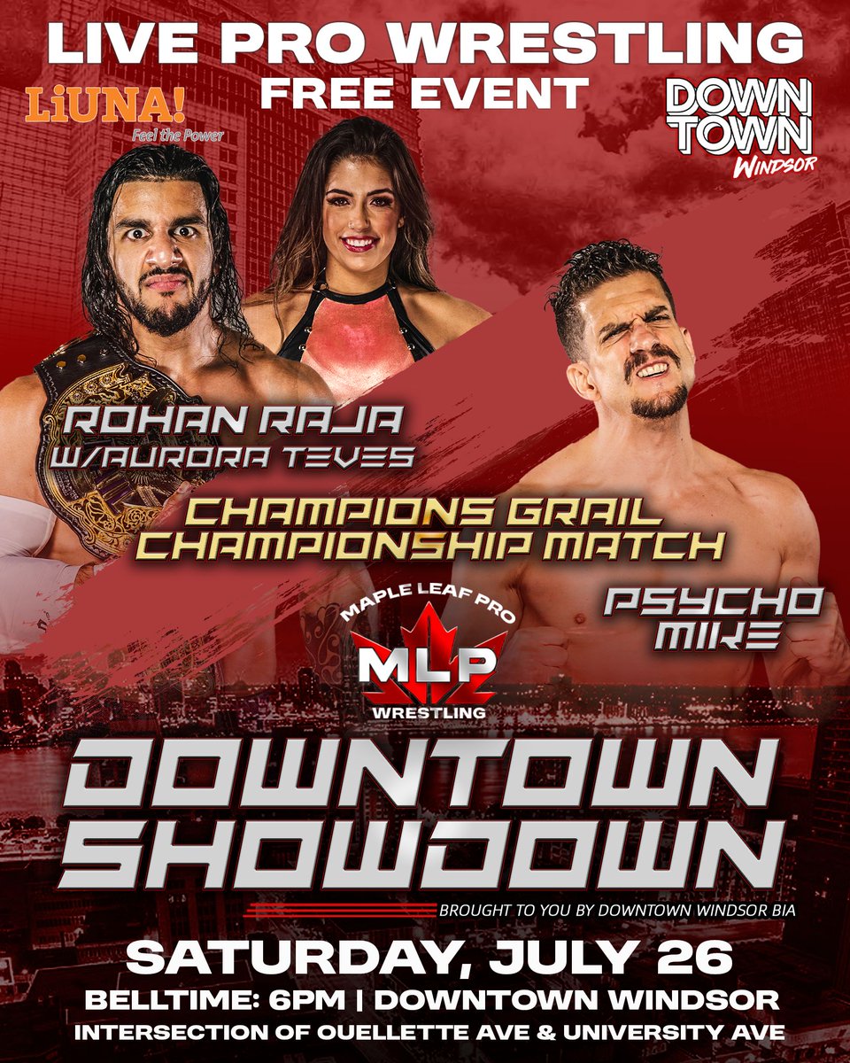 MAPLE LEAF PRO Wrestling France 🇫🇷 (@mlpwfrance) on Twitter photo OFFICIEL : Septième match annoncé pour le show #MLPDowntownShowdown qui aura lieu le 26 juillet. #MLPW #MLP
Rohan Raja (avec Aurora Teves) défendra son Championnat Graal face à Psycho Mike
Le show n'est pas diffusé.
<a href="/RavenousRohan/">Rohan Raja</a> | <a href="/aurorateves/">Aurora Teves</a> | <a href="/iAmPsychoMike/">Mostly Psycho Sometimes Zombie Mike</a> OFFICIEL : Septième match annoncé pour le show #MLPDowntownShowdown qui aura lieu le 26 juillet. #MLPW #MLP
Rohan Raja (avec Aurora Teves) défendra son Championnat Graal face à Psycho Mike
Le show n'est pas diffusé.
<a href="/RavenousRohan/">Rohan Raja</a> | <a href="/aurorateves/">Aurora Teves</a> | <a href="/iAmPsychoMike/">Mostly Psycho Sometimes Zombie Mike</a>