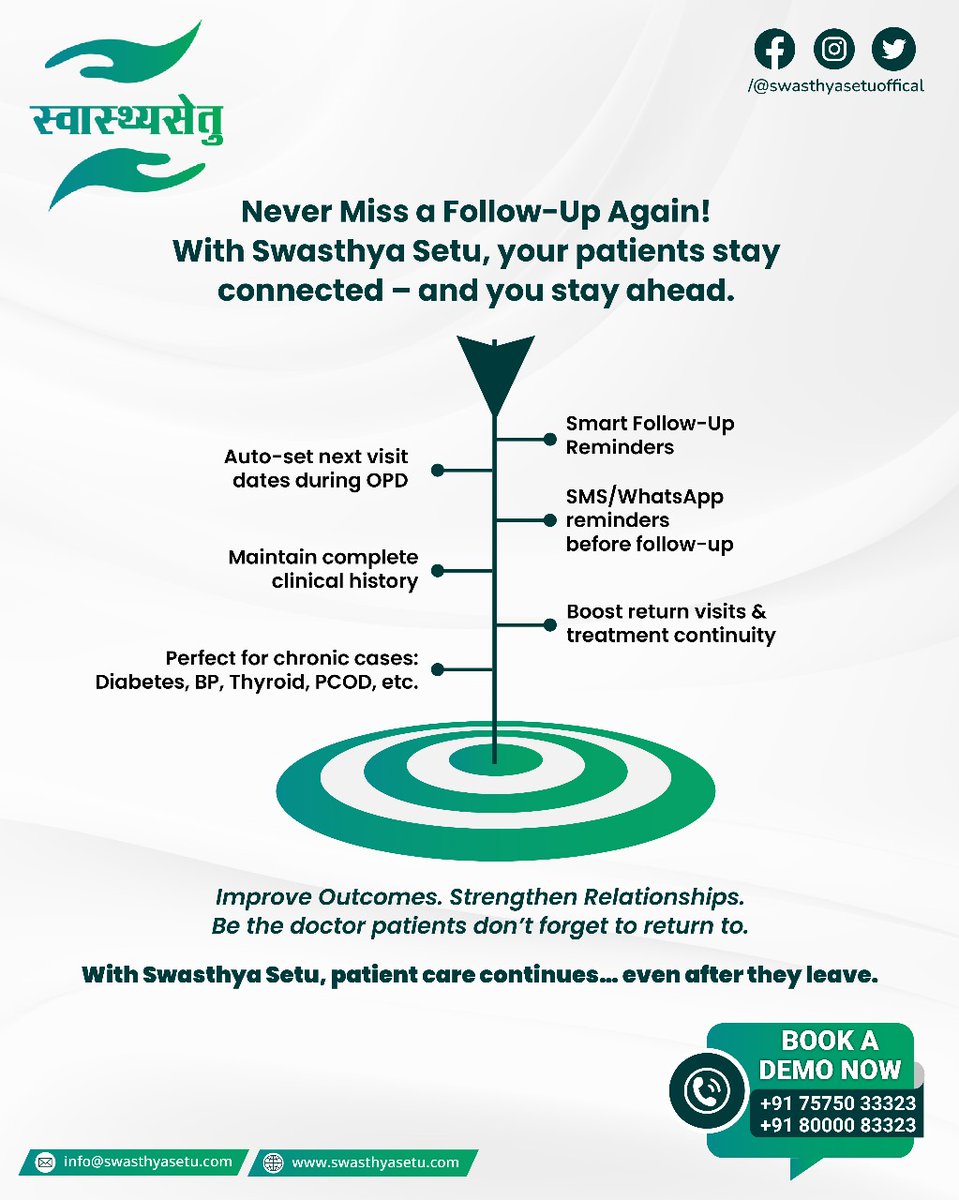 👨‍⚕️ Never miss a patient follow-up again!
With Swasthya Setu, stay connected and organized with:
📅Auto next-visit setup
📱Smart WhatsApp/SMS reminders
📞 Book your FREE demo now: +91 75750 33323 / +91 80000 83323
🌐 swasthyasetu.com