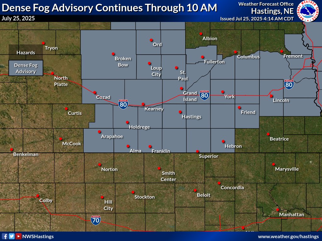 NWSHastings's tweet image. The Dense Fog Advisory has been expanded to include the rest of our Nebraska counties. Expect visibilities falling to around or below one quarter mile through mid-morning. Use caution if traveling this morning. #newx