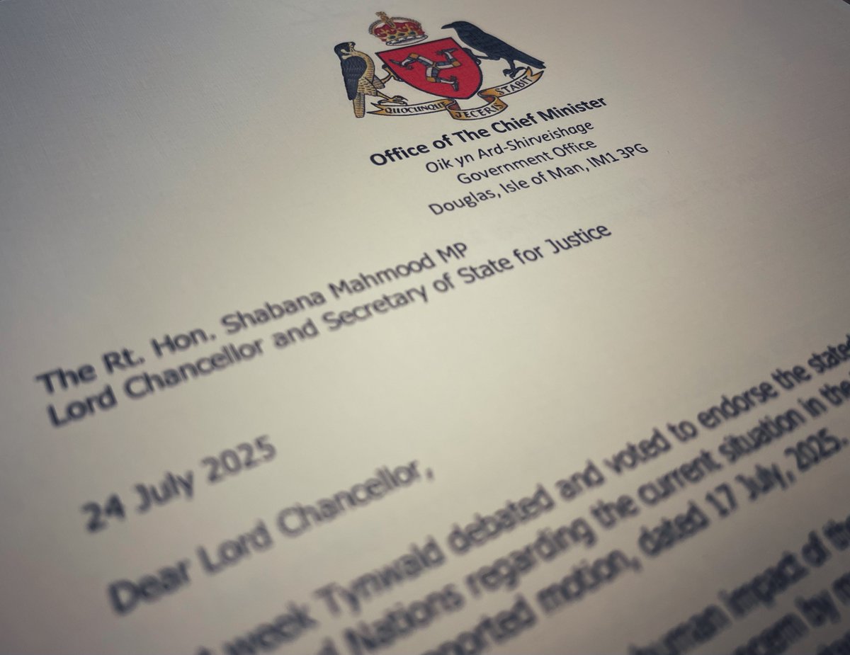 iomcm's tweet photo. The Chief Minister @alfredcannan has written to the Lord Chancellor @ShabanaMahmood highlighting mounting concern for the humanitarian situation in Gaza

https://t.co/JUlpUA2rjg

#IsleofMan #IOM #Manx @MoJGovUK @FCDOGovUK https://t.co/JQ52JTh8Gj