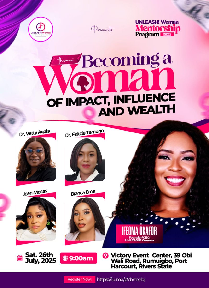 A woman’s well-being is the foundation of her success in all areas of life, personally/family life, socially or career wise.

Join me this Saturday as I will be speaking at Unleash Woman Mentorship Program 2025 with the theme: BECOMING A WOMAN OF IMPACT, INFLUENCE AND WEALTH