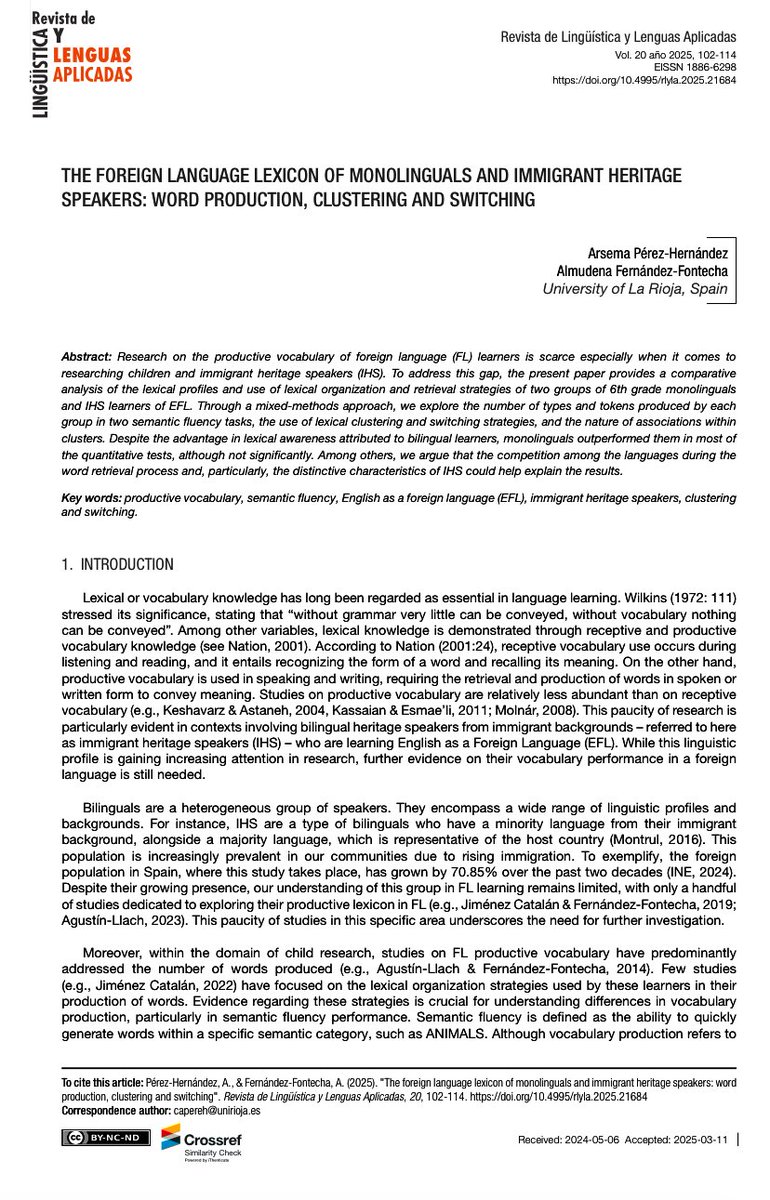Just published: The foreign language lexicon of monolinguals and immigrant heritage speakers: word production, clustering and switching. W/<a href="/arse_blackbird/">Blackbird</a> 

doi.org/10.4995/rlyla.…
