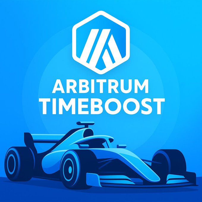 Arbitrum 로고가 있는 파란 배경에 세련된 레이스카가 등장하는 Arbitrum Timeboost