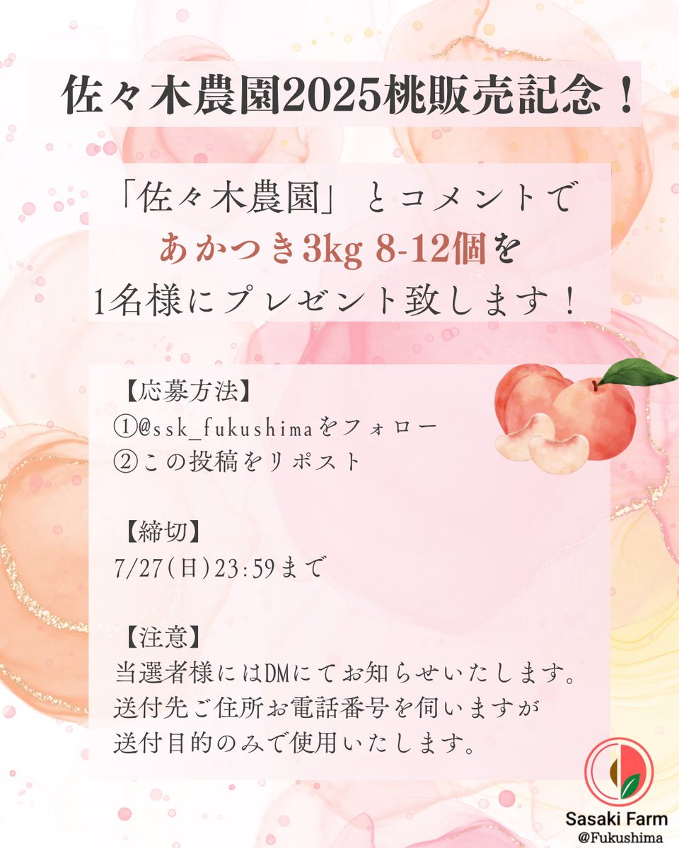 ssk_fukushima's tweet photo. ／
佐々木農園
 #プレゼントキャンペーン 📣
＼

2025桃販売開始記念✨
「佐々木農園」福島県伊達市で
桃を販売しております🍑

「あかつき3kg 8-12個」
を1名様へプレゼント！

【応募方法】
1️⃣ @ssk_fukushimaをフォロー
2️⃣この投稿をリポスト

【締切】
7/27(日)23:59

#懸賞 #プレゼント企画 https://t.co/jFv5RiCZLf