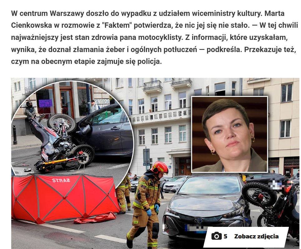 ZaPLMundurem's tweet image. Minister Kultury miała wypadek z motocyklistą, oczywiście nie wiadomo czyja wina🥳
Podsumowując, relacje świadków wskazują że Cienkowska zawiniła, nie ustępując pierwszeństwa, ale brak oficjalnego rozstrzygnięcia policji uniemożliwia jednoznaczne wskazanie odpowiedzialności😅