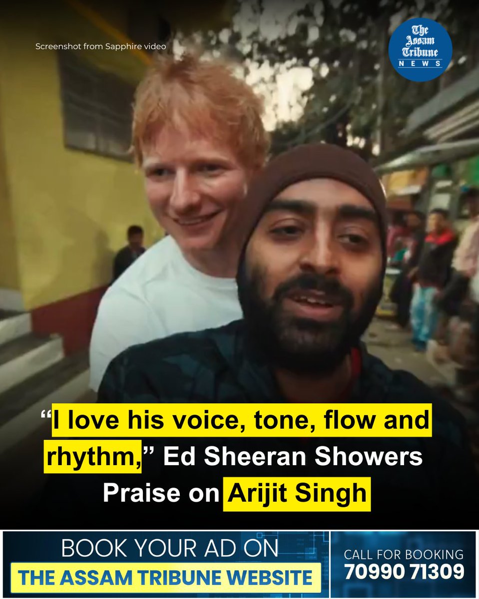 The Assam Tribune (@assamtribuneoff) on Twitter photo Global music sensation <a href="/edsheeran/">Ed Sheeran HQ</a> has shared a heartfelt post praising Bollywood singer <a href="/arijitsingh/">Arijit Singh</a>, calling their collaboration on the track Sapphire one of his favourite career experiences.
Sheeran, who visited India earlier this year as part of his Mathematics Tour, recalled Global music sensation <a href="/edsheeran/">Ed Sheeran HQ</a> has shared a heartfelt post praising Bollywood singer <a href="/arijitsingh/">Arijit Singh</a>, calling their collaboration on the track Sapphire one of his favourite career experiences.
Sheeran, who visited India earlier this year as part of his Mathematics Tour, recalled