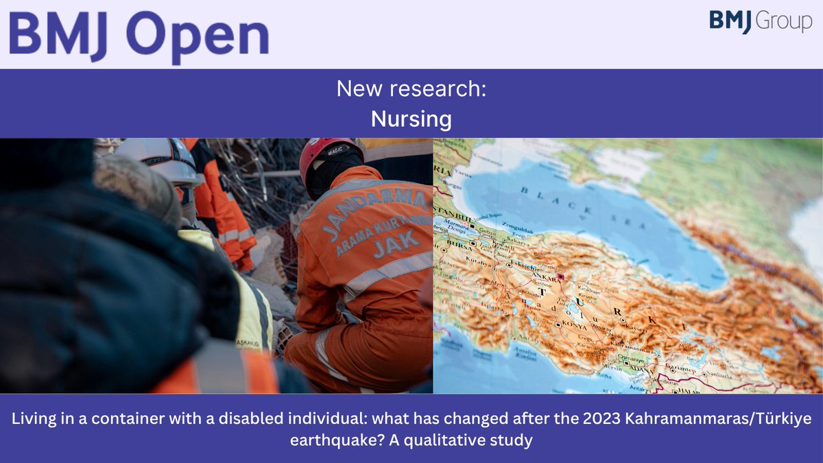BMJ_Open's tweet image. Living in a container with a disabled individual: what has changed after the 2023 Kahramanmaras/Türkiye earthquake?
Read this qualitative study of women aged 32-70: doi.org/10.1136/bmjope…