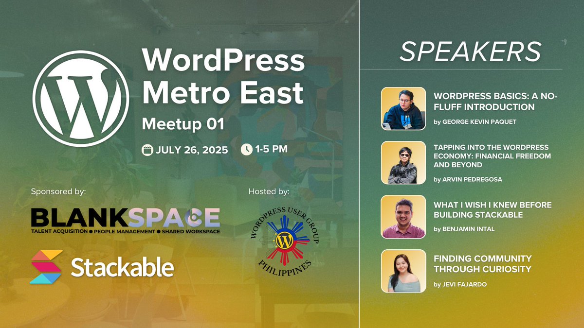 WPUGPH's tweet image. Hey #WordPress Metro East! Ready for our first meetup?! Tomorrow's the day!
Excited to meet all fellow WordPress users in our neighborhood! Huge thanks to @BlankSpaceCoWorking & @StackableWP! This wouldn't be possible without you.
See you there!
📍 tinyurl.com/BLNKSPCEmap