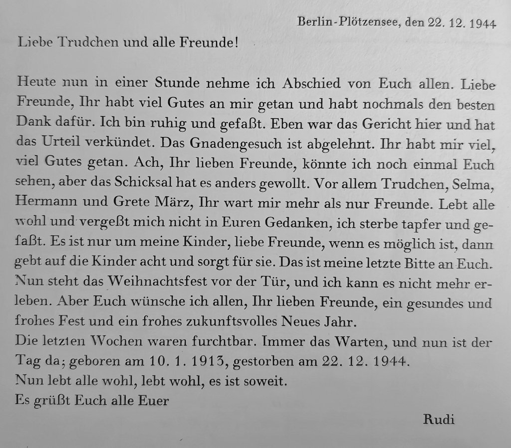 BriefeEines's tweet image. Rudolf Burdt brachte seit 1939 seine Ablehnung gegen den Krieg offen zum Ausdruck.
Im Januar 1944 wurde er von der Gestapo verhaftet, am 27. September 1944 wegen ,,Wehrkraftzersetzung" zum Tode verurteilt und am 22. Dezember 1944 in Berlin-Plötzensee ermordet.
*Abschiedsbrief