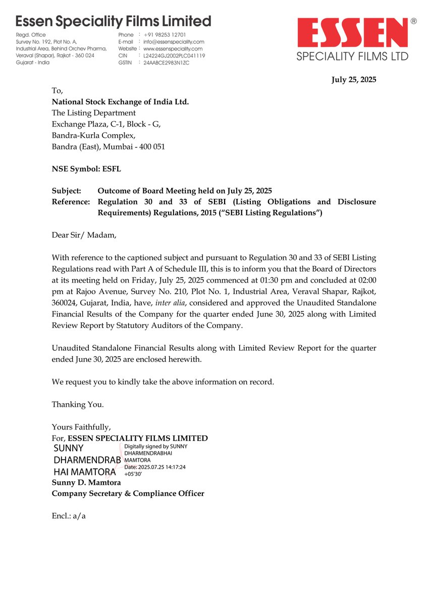 nileshkurhade's tweet image. 📌 Essen Speciality Films Limited informed the exchange that the Board of Directors considered and approved the Unaudited Standalone Financial Results of the Company for the quarter ended June 30, 2025. #SME #ESFL 📊📢