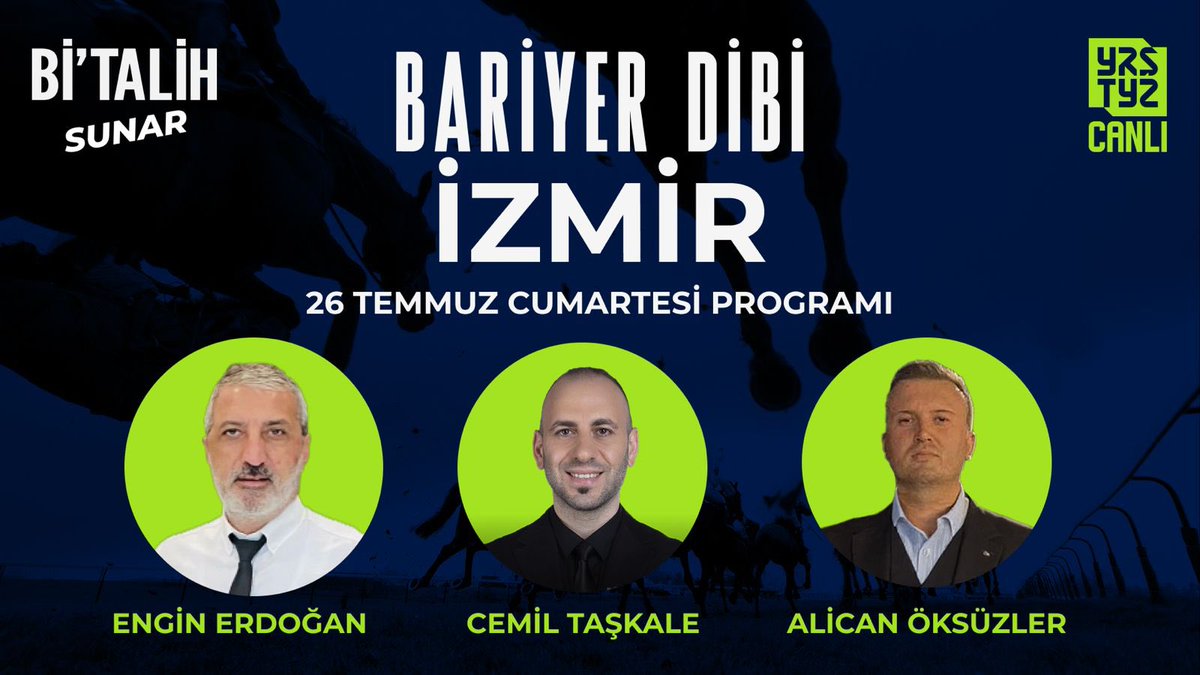 Yarıştayız (@yaristayiz) on Twitter photo 🎬 <a href="/geldibitalih/">Bitalih</a>'in sunduğu #BariyerDibi her gün deneyimli moderatörleri ve uzman yorumcularıyla #Yarıştayız kanalında!
🗣 Bu akşam 21.45'de <a href="/cemiltaskale/">Cemil Taşkale</a> moderatörlüğünde <a href="/jilethorse/">JİLET</a> ve <a href="/Scarface__35/">Engin.Erdoğan</a> "26 Temmuz Cumartesi" günü koşulacak İzmir yarışını CANLI yayında yorumluyor. 🎬 <a href="/geldibitalih/">Bitalih</a>'in sunduğu #BariyerDibi her gün deneyimli moderatörleri ve uzman yorumcularıyla #Yarıştayız kanalında!
🗣 Bu akşam 21.45'de <a href="/cemiltaskale/">Cemil Taşkale</a> moderatörlüğünde <a href="/jilethorse/">JİLET</a> ve <a href="/Scarface__35/">Engin.Erdoğan</a> "26 Temmuz Cumartesi" günü koşulacak İzmir yarışını CANLI yayında yorumluyor.