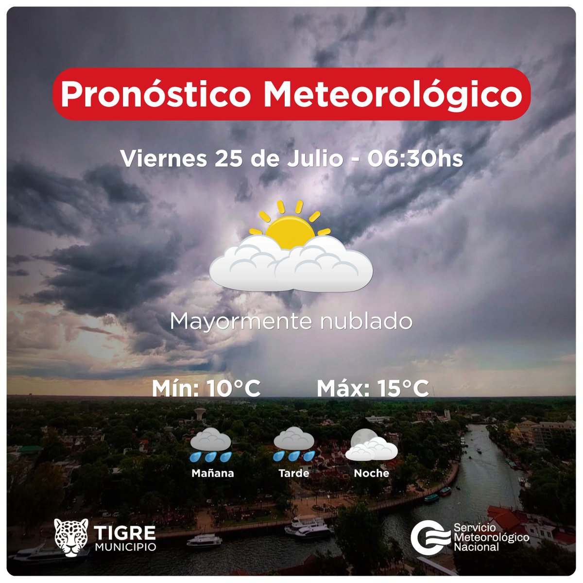 AlertaTigre (@alertatigre) on Twitter photo Servicio Meteorológico Nacional Informa: Pronóstico para hoy en <a href="/MunicipioTigre/">Municipio de Tigre</a>
Viernes 25 de Julio de 2025, Mín. 10°C, Máx. 15°C.
#DCTigre #COT Servicio Meteorológico Nacional Informa: Pronóstico para hoy en <a href="/MunicipioTigre/">Municipio de Tigre</a>
Viernes 25 de Julio de 2025, Mín. 10°C, Máx. 15°C.
#DCTigre #COT