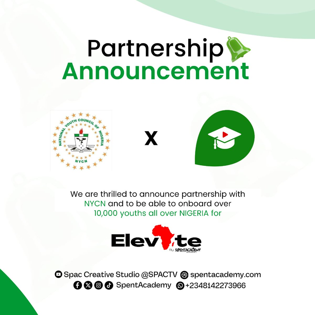 Spentacademy's tweet image. Partnership Announcement

Elevate by Spent Academy partners with NYCN to equip 10,000+ young Nigerians and bridge the gap between knowledge and innovation.

#StrategicPartnership #Elevate #NYCN #Youthempowerment #Nigeria